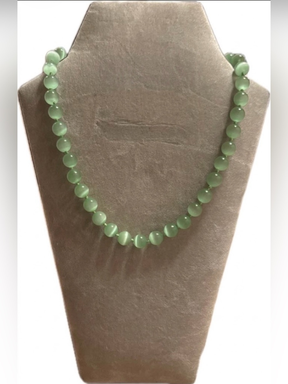 Vintage Light Green Cat’s Eye Glass Bead Necklace | Hand-Knotted Strand